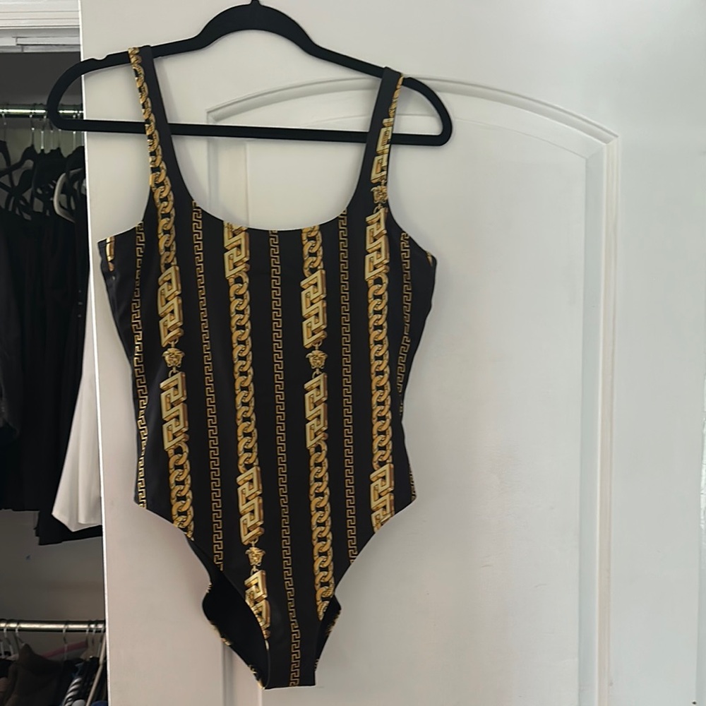 Versace Black and Gold Bodysuit with Chain Pattern